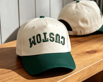 Custom Upside Down Text Hat 3D Puff Embroidery Two Tone Snapback, Personalized Retro 5 Panel Baseball Cap, Flipped Flipped Varsity Gift