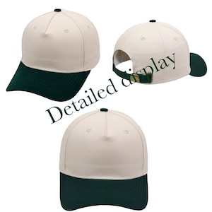 May include: A baseball cap featuring a cream-colored crown and a dark green brim. The cap has a five-panel construction with a small dark green button on top. The back includes an adjustable dark green strap with a metallic buckle closure.