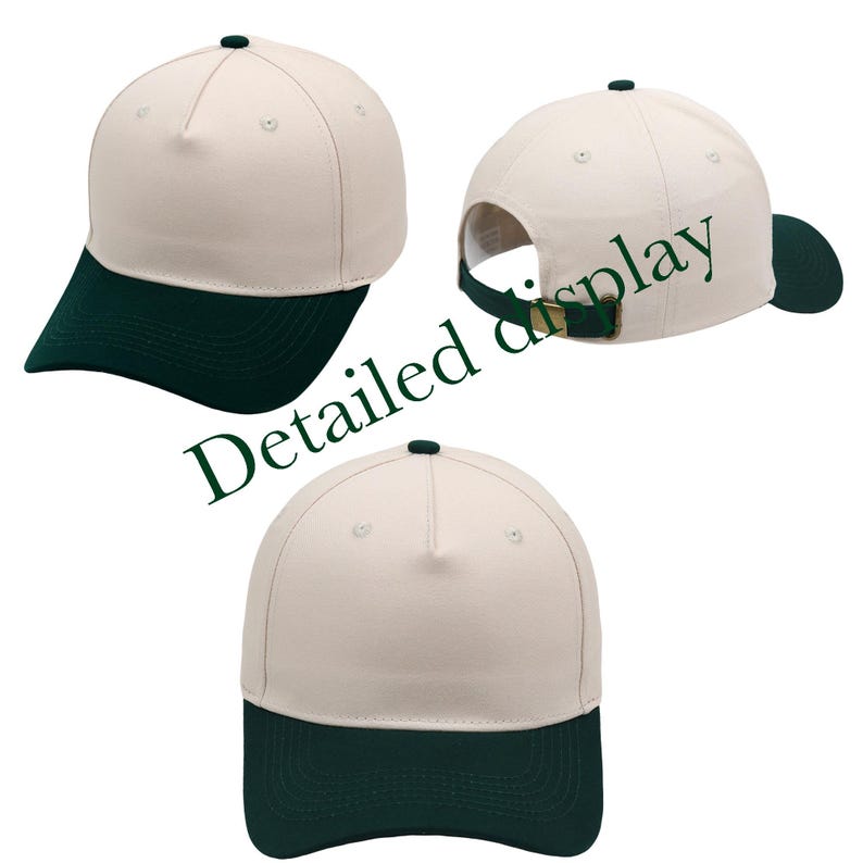 May include: A baseball cap featuring a cream-colored crown and a dark green brim. The cap has a five-panel construction with a small dark green button on top. The back includes an adjustable dark green strap with a metallic buckle closure.