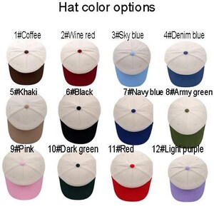 May include: A grid of twelve baseball caps with off-white crowns and colored brims, labeled Hat color options. Each cap features a matching colored button on top in coffee, wine red, sky blue, denim blue, khaki, black, navy, green, pink, dark green, red, and light purple.