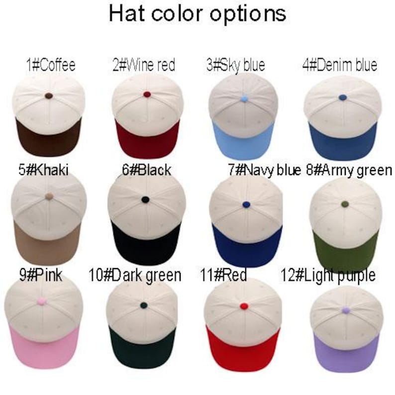 May include: A grid of twelve baseball caps with off-white crowns and colored brims, labeled Hat color options. Each cap features a matching colored button on top in coffee, wine red, sky blue, denim blue, khaki, black, navy, green, pink, dark green, red, and light purple.