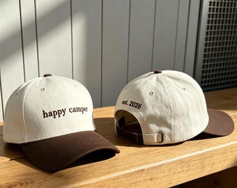 Custom Embroidered Camping Hat, Personalized Group Trip Two Tone Cap, Happy Camper Gift