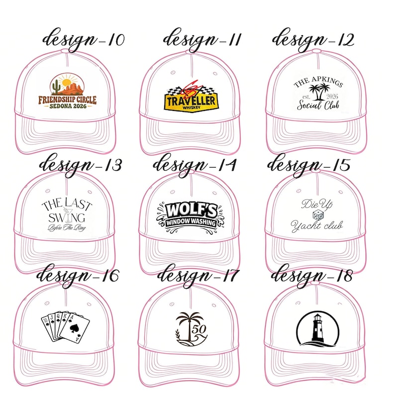 May include: A grid of nine white baseball caps, each featuring a unique black or colored graphic design labeled from design-10 to design-18. The designs include text, icons like palm trees, a lighthouse, playing cards, and various logos.