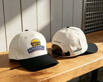 Custom Embroidered Trucker Hat, Retro Burger Baseball Cap, Personalized Logo Text Hat, Custom Gift for Foodie, Vintage Snapback Dad Hat