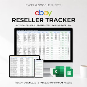 eBay Reseller Tracker Google Sheets, Flipping Tracker Spreadsheet, Profit ROI Tax Mileage Log 2026