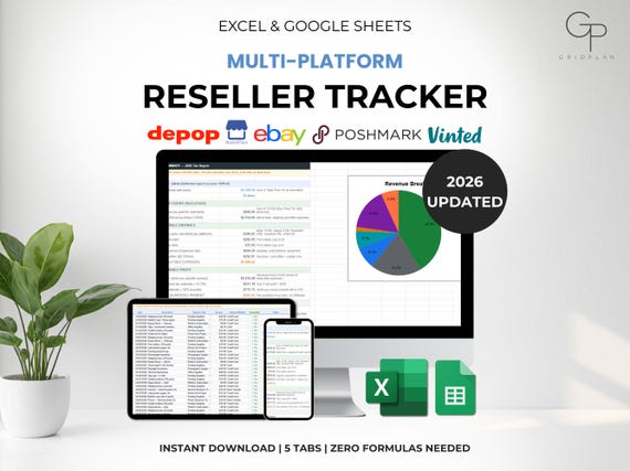 Multi-Platform Reseller Tracker Google Sheets, eBay Depop Poshmark Vinted Facebook, Reselling Spreadsheet, Flipping Tracker 2026