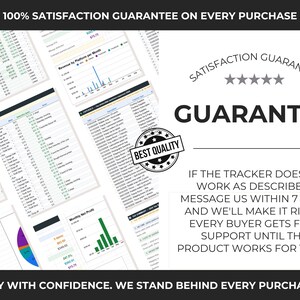 May include: A digital business tracker spreadsheet featuring various data tables, financial charts, and expense logs. The image includes text stating 100% SATISFACTION GUARANTEE ON EVERY PURCHASE, BEST QUALITY, and a promise of support if the tracker fails.