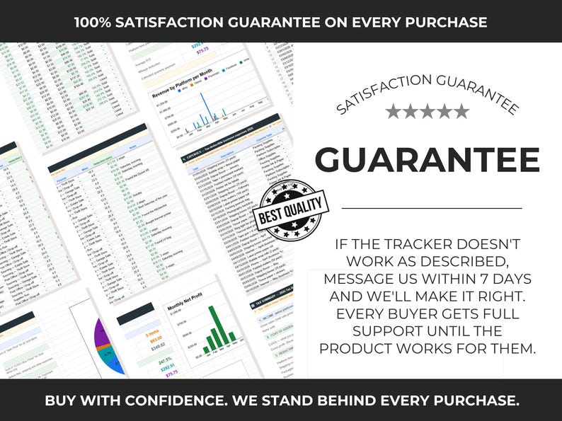 May include: A digital business tracker spreadsheet featuring various data tables, financial charts, and expense logs. The image includes text stating 100% SATISFACTION GUARANTEE ON EVERY PURCHASE, BEST QUALITY, and a promise of support if the tracker fails.