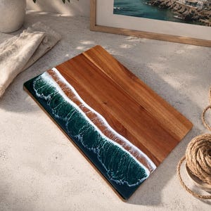 Ocean Wave Resin Serving Board – Handmade Acacia Wood Charcuterie Board, Coastal Kitchen Decor