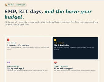 May include: A digital guide and tracker titled Practical Money Guides: SMP, KIT days, and the leave-year budget. This 23-page UK maternity money resource includes a baby budget with six linked tabs, 2025/26 tax year rates, and a 12-month leave view.
