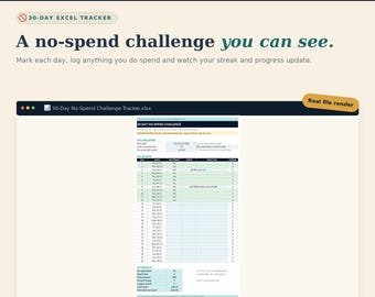May include: A 30-day no-spend challenge Excel tracker digital file. The interface features a table to log daily spending, track streaks, and monitor progress. Text includes Practical Money Guides, 30-Day Excel Tracker, and A no-spend challenge you can see.