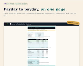 May include: A digital budget spreadsheet titled Payday to Payday Budget Sheet.xlsx, featuring sections for pay periods, bills due, spending, and savings. The layout includes tables with columns for planned, spent, and remaining amounts in dollars.
