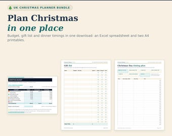May include: A UK Christmas planner bundle featuring an Excel spreadsheet and two A4 printables. The digital tools include a Christmas budget tracker, a gift list, and a Christmas Day timing plan, all designed to organize holiday finances and schedules.