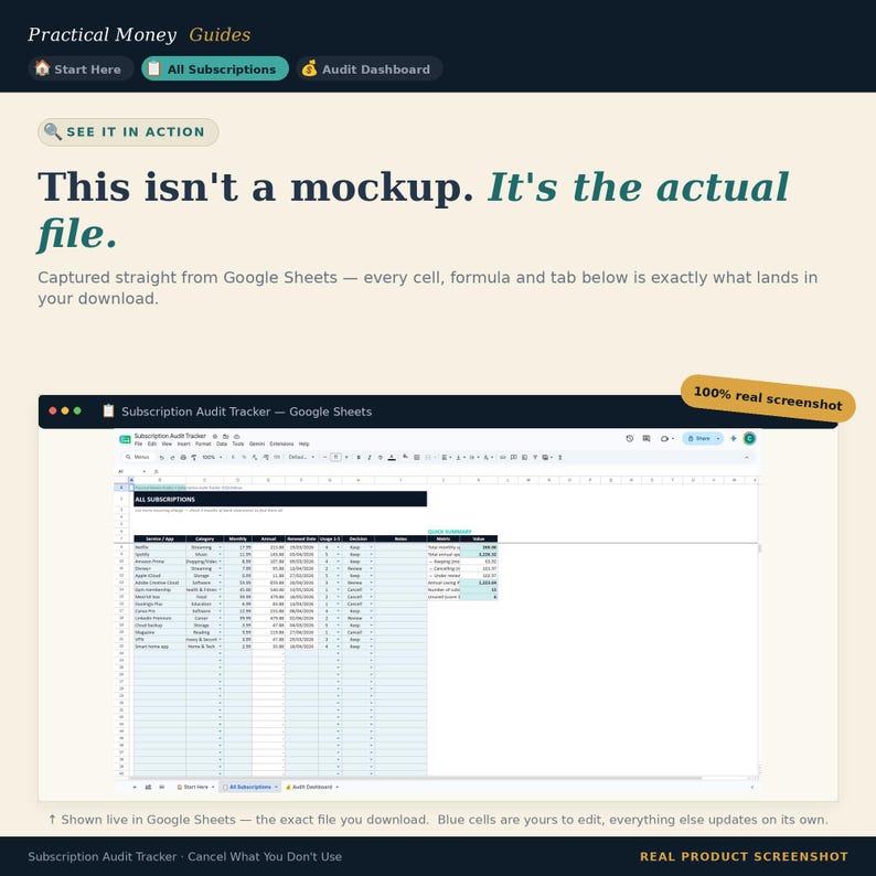 May include: A digital subscription audit tracker spreadsheet displayed in Google Sheets. The interface includes navigation tabs for Start Here, All Subscriptions, and Audit Dashboard. Text reads: This isn't a mockup. It's the actual file.
