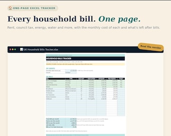 May include: A digital household bills tracker spreadsheet template titled UK Household Bills Tracker.xlsx. The document features columns for bill type, due date, frequency, and monthly costs, with a summary section for total monthly expenses.