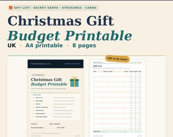 May include: A Christmas Gift Budget printable document set in A4 size with 8 pages. The design features a cream background with dark blue and teal text. It includes a cover page and a gift list tracker with columns for name, budget, gift idea, spent, bought, wrapped, and done.