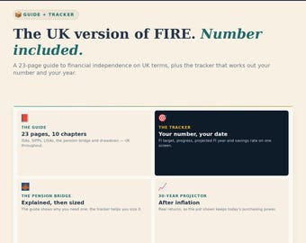 May include: A digital interface for a 23-page financial guide titled The UK version of FIRE. Number included. It features a tracker for FI targets, progress, and savings rates, with sections for The Guide, The Tracker, The Pension Bridge, and a 30-year projector.