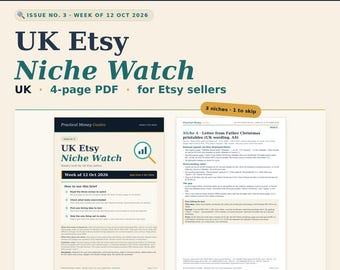 May include: A 4-page PDF guide titled UK Etsy Niche Watch, Issue No. 3, dated the week of 12 Oct 2026. The document features Practical Money Guides branding, instructions for Etsy sellers, and detailed analysis of three specific niches.