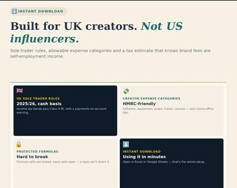 May include: A digital spreadsheet guide titled Practical Money Guides for UK creators. It features sections for income logs, brand deals, expenses, and tax set-aside. The text highlights UK sole trader rules, HMRC-friendly expense categories, protected formulas, and instant download compatibility with Excel and Google Sheets.