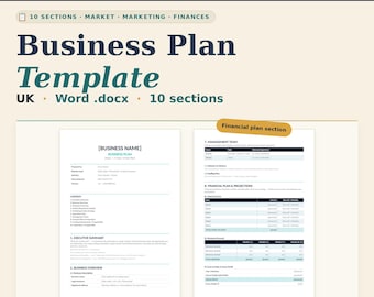 May include: A digital business plan template for Word in A4 format, featuring 10 sections including market, marketing, and finances. The document displays a cover page with business name fields and a financial plan section with tables for projections.