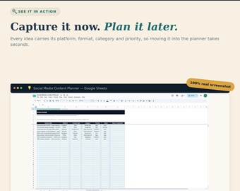 May include: A digital interface for a social media content planner in Google Sheets. The header displays Practical Money Guides with navigation tabs. The main section shows a spreadsheet with columns for content, platform, category, and priority.