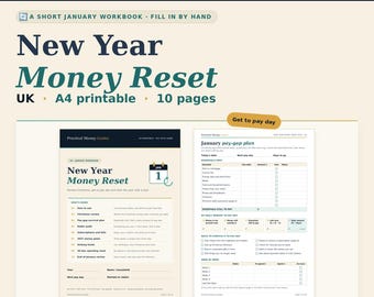 May include: A 10-page A4 printable workbook titled New Year Money Reset, featuring a dark blue header, cream background, and sections for a January pay-gap plan, Christmas review, debt audit, subscription tracking, and financial goals for the year.