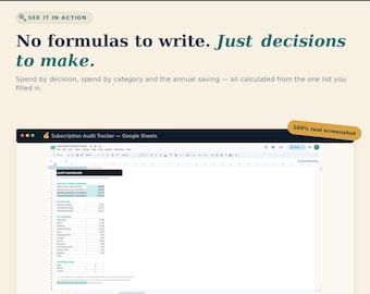 May include: A digital product interface titled Practical Money Guides featuring a Subscription Audit Tracker Google Sheets spreadsheet. The layout includes text stating No formulas to write. Just decisions to make and a 100% real screenshot badge.