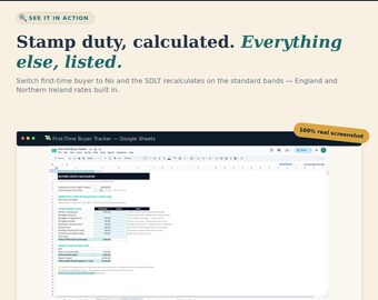 May include: A digital interface for a Practical Money Guides buying costs calculator. The screen displays a Google Sheets spreadsheet titled First-Time Buyer Tracker, featuring columns for estimated and actual costs, and stamp duty calculations.