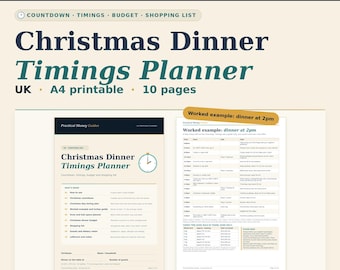 May include: A digital Christmas Dinner Timings Planner printable in A4 format, featuring 10 pages of planning tools including a countdown, budget, shopping list, and a worked example for a 2pm dinner, all presented in a clean, organized layout.