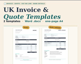 May include: A digital document set featuring UK Invoice and Quote templates in A4 size for Microsoft Word. The layout includes sections for company details, itemized lists, VAT lines, and bank information, presented in a clean, professional format.