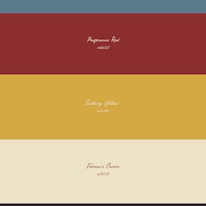 May include: A color palette chart titled Gilded Decay, Once magnificent. Still is. It displays five horizontal color blocks: Inchyra Blue #5B7B8A, Preference Red #8B2E2E, Sudbury Yellow #D1A40, Farrow's Cream #EDECC8, and Paean Black #2C2B2A. The Moody Interior Co.