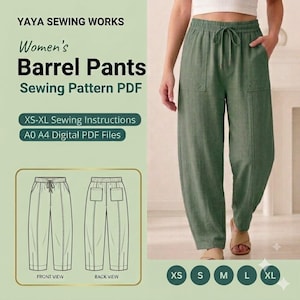 May include: A digital sewing pattern for barrel trousers by Yaya Sewing Works. The image displays sage green trousers with an elastic drawstring waist, front pockets, and vertical seams. Includes technical line drawings of front and back views.