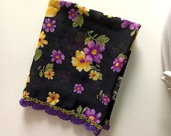 Cotton scarf, lace scarf, lace scarf, summer scarf, spring scarf, gift scarf, black, yellow and purple scarf