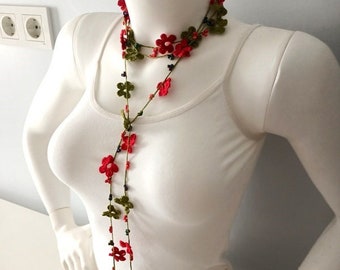 Crochet floral necklace, light green and red colors necklace, neckwear, christmas gift