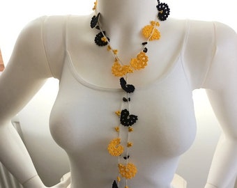 Crochet necklace, turkish oya necklace, floral necklace, long necklace, yellow and black colored crochet necklace christmas gift