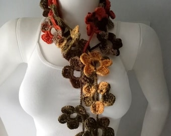 Autumn colorful flowers scarf, daisy scarf, crochet floral scarf, christmas gift, womens scarf