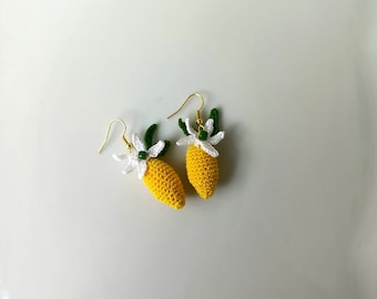 Pendientes de limón de ganchillo, Pendientes de limón hechos a mano, Pendientes colgantes de ganchillo, Pendientes de frutas, Pendientes de hilo, Regalo para ella