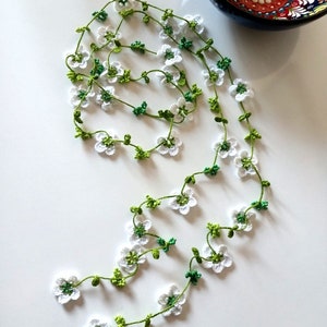 White and green crochet necklace, bridal hair accessory, turkish oya necklace, long necklace, christmas gift, women gift, gift for girl