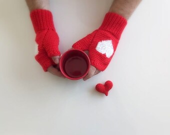 White Fingerless Handknit Wool Gloves with a Red Heart,  Romantic Fingerless Gloves Crochet, Red Heart Love, Winter Women, Teen Girl Gift