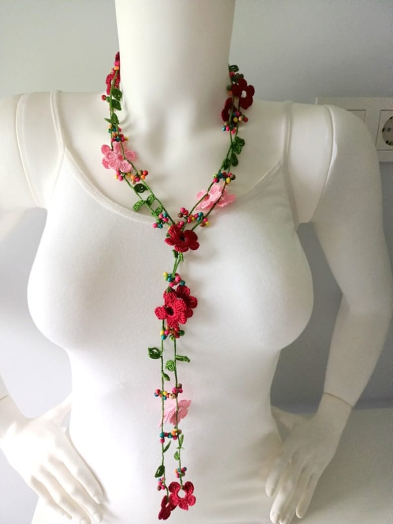 Crochet flowers necklace, long necklace, turkish oya necklace, beach necklace, spring necklace, gift for her image 4