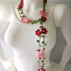 Crochet flowers necklace, long necklace, turkish oya necklace, beach necklace, spring necklace, gift for her image 2