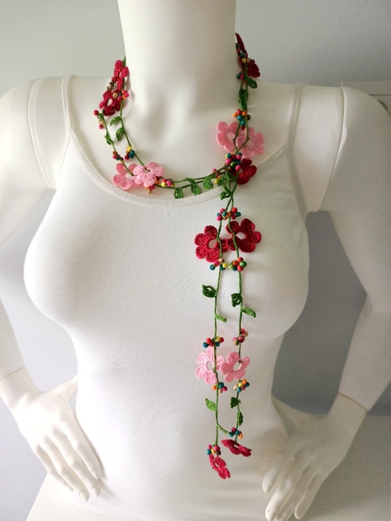Crochet flowers necklace, long necklace, turkish oya necklace, beach necklace, spring necklace, gift for her image 2