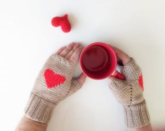 Hand Knit Heart Gloves Romantic Fingerless Gloves Crochet, Natural, Valentines Day, Red Heart Love, Winter Women, Teen Girl Gift