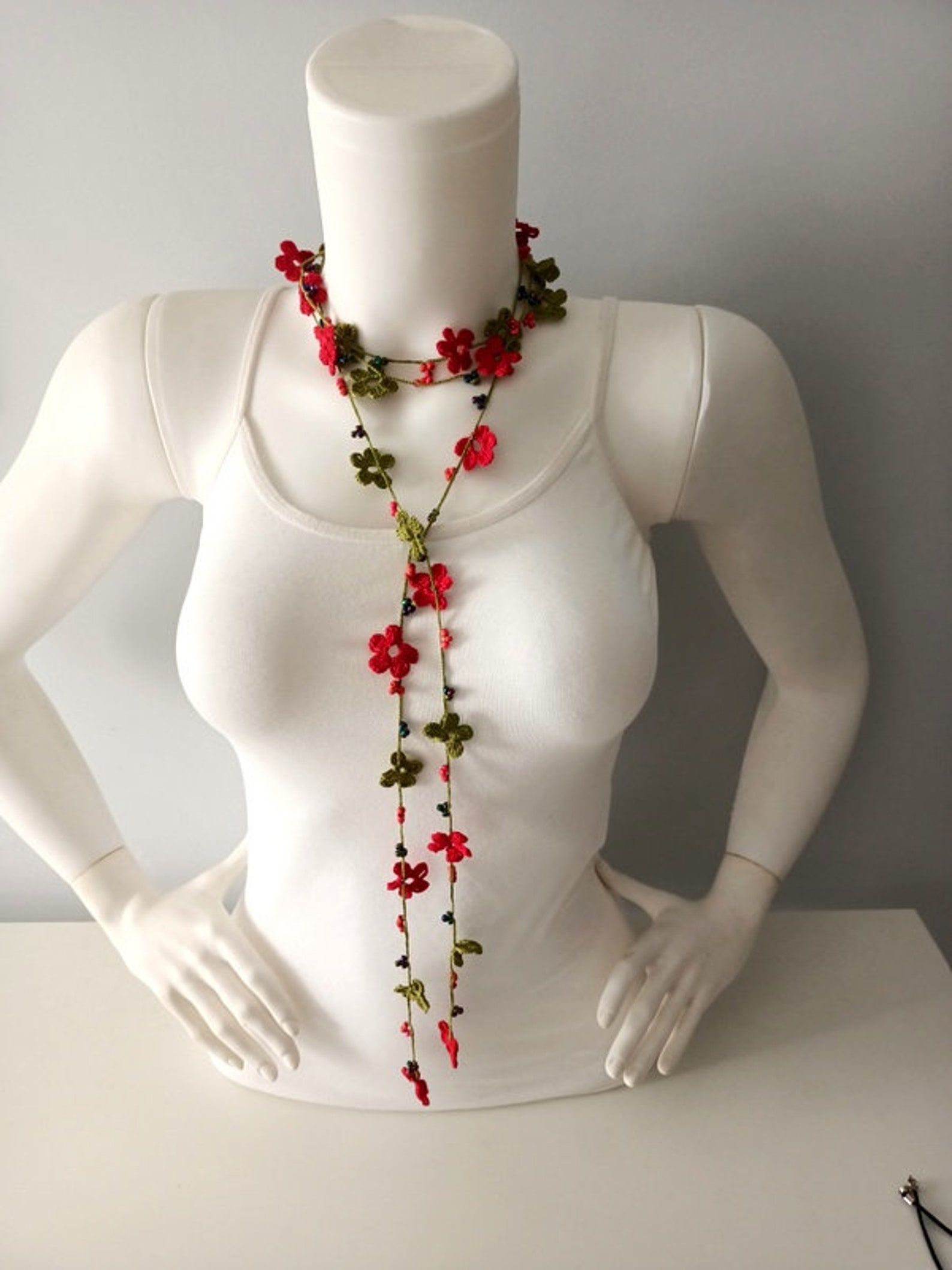 Crochet Floral Necklace, Light Green and Red Colors Necklace, Neckwear ...