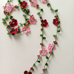 Crochet flowers necklace, long necklace, turkish oya necklace, beach necklace, spring necklace, gift for her image 3