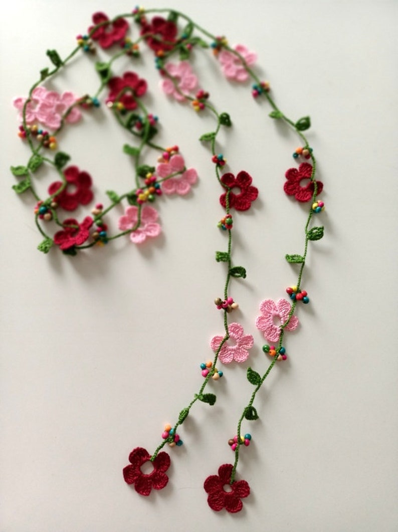 Crochet flowers necklace, long necklace, turkish oya necklace, beach necklace, spring necklace, gift for her image 3
