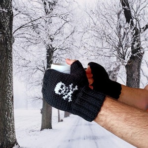 Hand-knitted fantastic skull gloves, black skull gloves, christmas gift