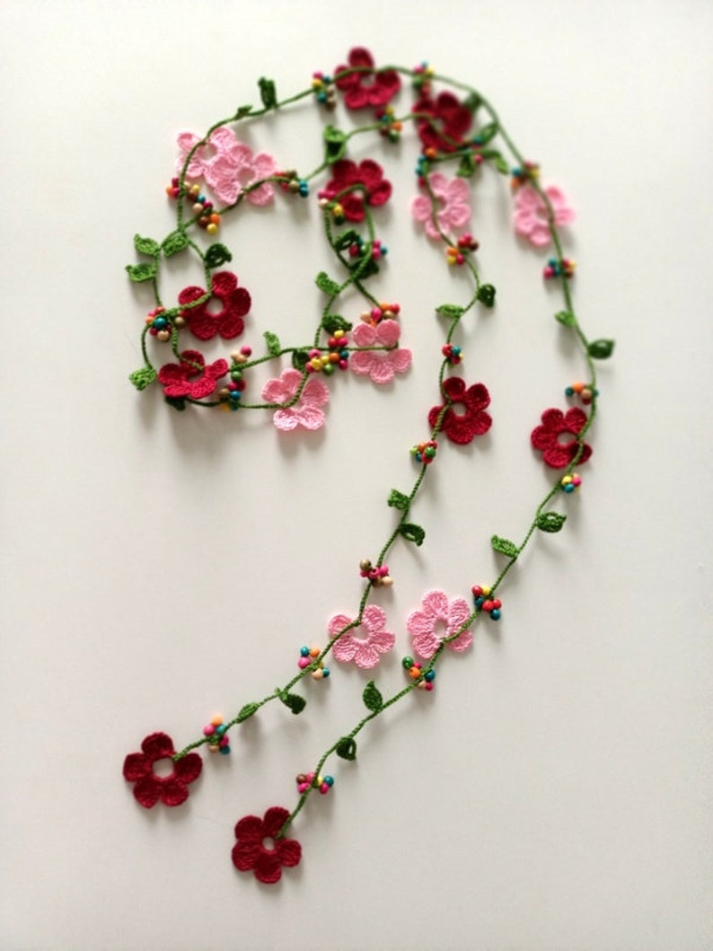 Crochet flowers necklace, long necklace, turkish oya necklace, beach necklace, spring necklace, gift for her image 1