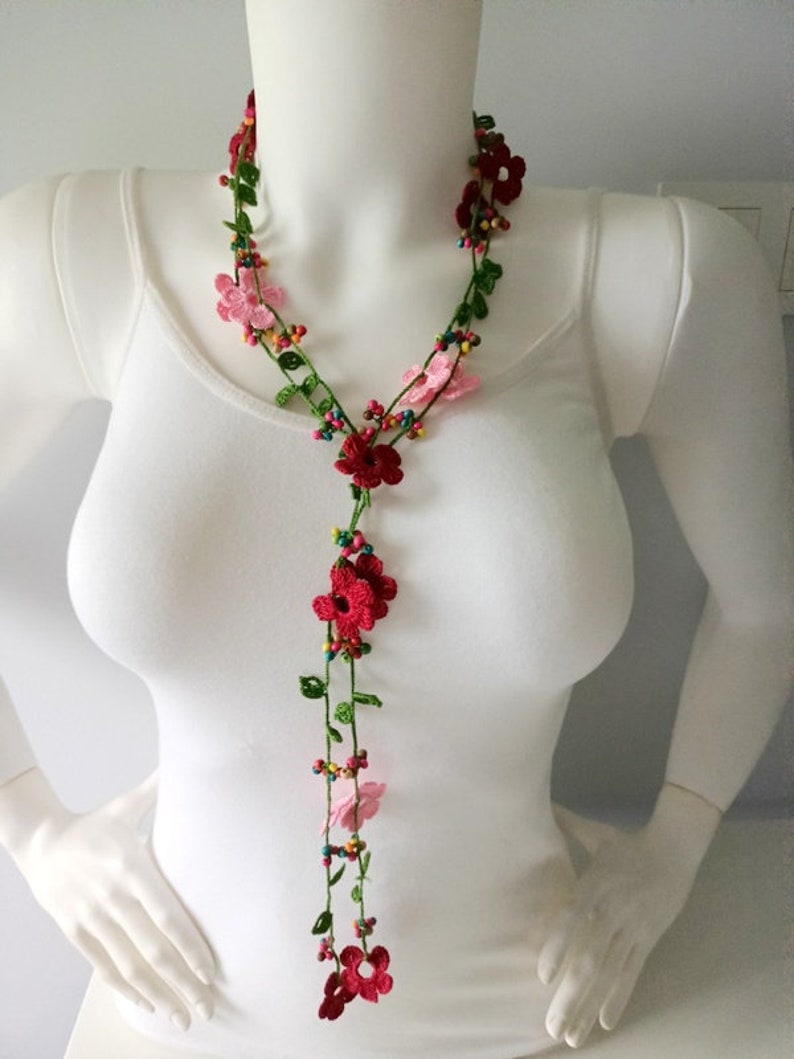 Crochet flowers necklace, long necklace, turkish oya necklace, beach necklace, spring necklace, gift for her image 5