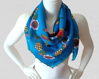 Turquoise color, ethnic floral scarf, cotton, lightweight, nice birthday, Christmas gift, special gift, cotton scarf